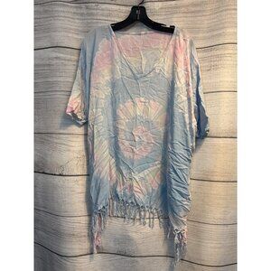 Rainbow Tie-Dye Fringe Kaftan V-Neck Top Womens One Size